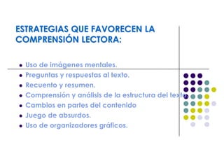 ESTRATEGIAS QUE FAVORECEN LA
COMPRENSIÓN LECTORA:
 Uso de imágenes mentales.
 Preguntas y respuestas al texto.
 Recuento y resumen.
 Comprensión y análisis de la estructura del texto.
 Cambios en partes del contenido
 Juego de absurdos.
 Uso de organizadores gráficos.
 