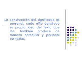 La construcción del significado es
personal, cada niño construye
su propia idea del texto que
lee, también produce de
manera particular y personal
sus textos.
 