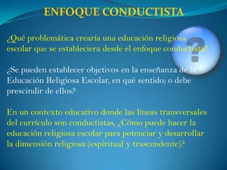 ENFOQUE CONDUCTISTAen el contexto educativoMETODOLOGÍA DE LA ENSEÑANZAEnseñanza programada:Definición explícita de los objetivos del programa.Presentación secuenciada de la información según la lógica de dificultad creciente, asociada al principio de complejidad acumulativa.Participación del estudiante.Reforzamiento inmediato de la información.Individualización (avance de cada estudiante a su propio ritmo).Registro de resultados y evaluación continua. 