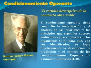 Condicionamiento Operante“El estudio descriptivo de la conducta observable”El conductismo operante tiene como fin la investigación y el análisis de las relaciones y los principios que rigen los sucesos ambientales y las conductas de los organismos (E-R) para que, una vez identificados, se logre objetivamente la descripción, la predicción y el control de los comportamientosEsquema de Estímulo y Respuesta (E-R).BurrhusFredericSkinner(1904-1990)