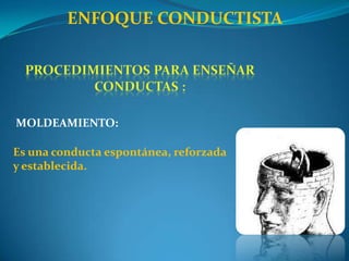 Concepción de la Enseñanza: Creación de estímulos para lograr el reflejo condicionado.Concepción del Aprendizaje: El aprendizaje es producto de reflejos condicionados.Metodología de Enseñanza – Aprendizaje:Ejercicio de la conducta para fijar en la memoria, con base en las leyes del efecto y de la repetición.Concepto de Evaluación: Medida del logro de objetivos previamente fijados.