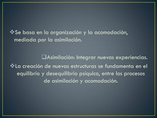 Se basa en la organización y la acomodación,
mediada por la asimilación.
Asimilación: Integrar nuevas experiencias.
La creación de nuevas estructuras se fundamenta en el
equilibrio y desequilibrio psíquico, entre los procesos
de asimilación y acomodación.
 