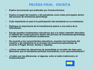 Explica brevemente que entiendes por Constructivismo. Explica el papel del maestro y del estudiante como entes principales dentro del proceso de enseñanza-aprendizaje. Cuán importante es para ti la participación del estudiante en su enseñanza. Distingue la  importancia de la transferencia pasiva a una activa de la información. Escoje aquellos fundamentos educativos que a tu mejor entender describen el método del constructivismo dentro del proceso de enseñanza-aprendizaje y cuáles son sus beneficios académicos. De acuerdo a tus conocimientos educativos, enumera las funciones del maestro y del estudiante en el proceso de enseñanza-aprendizaje de acuerdo a Piaget, Bruner, Dewey y Vigotsky. ¿Cómo concibes las situaciones de aprendizaje en el salón de clase para demostrar que el estudiante participó activamente y tuvo aprovechamiento? ¿Cuáles son las diferencias, si algunas, entre el salón tradicional y el constructivista?   Prueba  final - Escrita 