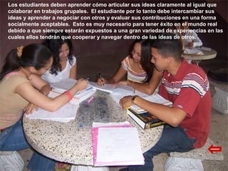 Los estudiantes deben aprender cómo articular sus ideas claramente al igual que
colaborar en trabajos grupales. El estudiante por lo tanto debe intercambiar sus
ideas y aprender a negociar con otros y evaluar sus contribuciones en una forma
socialmente aceptables. Esto es muy necesario para tener éxito en el mundo real
debido a que siempre estarán expuestos a una gran variedad de experiencias en las
cuales ellos tendrán que cooperar y navegar dentro de las ideas de otros.
 