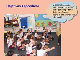 Objetivos Específicos Explicar el concepto,
“solución de problemas”
como parte importante
de la transferencia
pasiva a una activa de la
información.
 