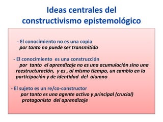 Ideas centrales del
constructivismo epistemológico
- El conocimiento no es una copia
por tanto no puede ser transmitido
- ...