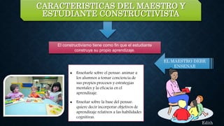 EL MAESTRO DEBE
ENSENAR
CARACTERISTICAS DEL MAESTRO Y
ESTUDIANTE CONSTRUCTIVISTA
 Enseñarle sobre el pensar: animar a
los alumnos a tomar conciencia de
sus propios procesos y estrategias
mentales y la eficacia en el
aprendizaje.
 Enseñar sobre la base del pensar:
quiere decir incorporar objetivos de
aprendizaje relativos a las habilidades
cognitivas.
El constructivismo tiene como fin que el estudiante
construya su propio aprendizaje.
Edith
 