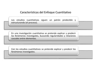 Características del Enfoque Cuantitativo
Los estudios cuantitativos siguen un patrón predecible y
estructurando (el proceso).
En una investigación cuantitativa se pretende explicar y predecir
los fenómenos investigados, buscando regularidades y relaciones
causales entre elementos.
Con los estudios cuantitativos se pretende explicar y predecir los
fenómenos investigados.
 