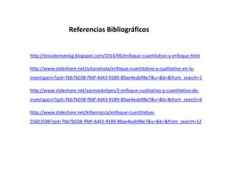Referencias Bibliográficos
http://tesisdeinvestig.blogspot.com/2014/06/enfoque-cuantitativo-y-enfoque.html
http://www.slideshare.net/Julianalsola/enfoque-cuantitativo-y-cualitativo-en-la-
investigacin?qid=7bb7b038-f9df-4d43-9189-80ae4eab98e7&v=&b=&from_search=1
http://www.slideshare.net/aacevedolipes/2-enfoque-cualitativo-y-cuantitativo-de-
investigacin?qid=7bb7b038-f9df-4d43-9189-80ae4eab98e7&v=&b=&from_search=6
http://www.slideshare.net/kilberrocca/enfoque-cuantitativo-
55823598?qid=7bb7b038-f9df-4d43-9189-80ae4eab98e7&v=&b=&from_search=12
 