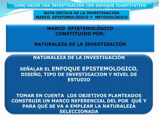 COMO HACER UNA INVESTIGACIÓN CON ENFOQUE CUANTITATIVORUTA CRITICA DE LA INVESTIGACIÓNMARCO REFERENCIALSISTEMA DE VARIABLESEN UNA INVESTIGACIÓN LAS VARIABLES SON LAS DISTINTAS PROPIEDADES, FACTORES  O CARACTERÍSTICAS QUE PRESENTA LA POBLACIÓN ESTUDIADA, QUE VARÍAN EN CUANTO A SU MAGNITUD, COMO LA EDAD, LA DISTANCIA, LA PRODUCTIVIDAD, LA CALIDAD DE UN TRABAJO REALIZADO Y TANTAS OTRASPUEDEN SER CUALITATIVAS O CUANTITATIVAS  Y CADA TIPO REQUIERE DE APLICACIÓN DE DIFERENTES ESTADÍSTICOS  PARA EL ANÁLISIS CUANTITATIVO DE DATOS