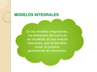 MODELOS INTEGRALES



    En los modelos integradores,
     los elementos del currículo
    se visualizan en sus mutuas
     relaciones, que se perciben
           como un proceso
     permanente de interacción.
 