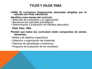 TYLER Y HILDA TABA
(1946) El currículum Experiencias planeadas dirigidas por la
escuela con fines educativos
Identifica como tareas del currículo:
 Selección de contenidos y su organización
 Secuencia con principios psicológicos
 Determinación y Evaluación de métodos adecuados
Hilda Taba, 1962.
Planteó que todos los currículum están compuestos de ciertos
elementos.
 Metas y de objetivos específicos;
 Selección y organización del contenido;
 Patrones de aprendizaje y enseñanza,
 Programa de evaluación de los resultados

 