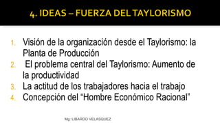 Visión de la organización desde el Taylorismo: la Planta de Producción El problema central del Taylorismo: Aumento de la productividad La actitud de los trabajadores hacia el trabajo Concepción del “Hombre Económico Racional”  Mg: LIBARDO VELASQUEZ 