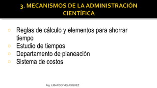 Reglas de cálculo y elementos para ahorrar tiempo Estudio de tiempos Departamento de planeación Sistema de costos Mg: LIBARDO VELASQUEZ 