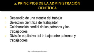 Desarrollo de una ciencia del trabajo Selección científica del trabajador Colaboración cordial de los patronos y los trabajadores División equitativa del trabajo entre patronos y trabajadores Mg: LIBARDO VELASQUEZ 