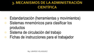 Estandarización (herramientas y movimientos) Sistemas mnemónicos para clasificar los productos Sistema de circulación del trabajo Fichas de instrucciones para el trabajador Mg: LIBARDO VELASQUEZ 