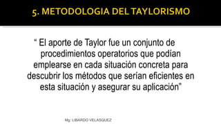 “  El aporte de Taylor fue un conjunto de procedimientos operatorios que podían emplearse en cada situación concreta para descubrir los métodos que serían eficientes en esta situación y asegurar su aplicación” Mg: LIBARDO VELASQUEZ 