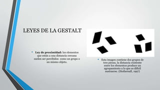 LEYES DE LA GESTALT
• Ley de proximidad: los elementos
que están a una distancia cercana
suelen ser percibidos como un grupo o
un mismo objeto.
• Esta imagen contiene dos grupos de
tres piezas, la distancia existente
entre los elementos produce un
agrupamiento a lo que es difícil
sustraerse. (Hothersall, 1997)
 