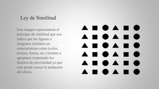 Ley de Similitud
Este imagen representaría el
principio de similitud que nos
indica que las figuras o
imágenes similares en
características como (color,
textura, forma, etc,) tienden a
agruparse respetando los
factores de proximidad ya que
esto puede causar la anulación
del efecto.
 