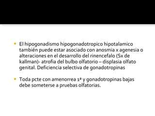 El hipogonadismo hipogonadotropico hipotalamico también puede estar asociado con anosmia x agenesia o alteraciones en el desarrollo del rinencefalo (Sx de kallman)- atrofia del bulbo olfatorio – displasia olfato genital. Deficiencia selectiva de gonadotropinas Toda pcte con amenorrea 1ª y gonadotropinas bajas debe someterse a pruebas olfatorias. 