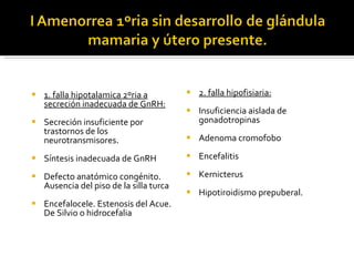 1. falla hipotalamica 2ºria a secreción inadecuada de GnRH: Secreción insuficiente por trastornos de los neurotransmisores. Síntesis inadecuada de GnRH Defecto anatómico congénito. Ausencia del piso de la silla turca Encefalocele. Estenosis del Acue. De Silvio o hidrocefalia 2. falla hipofisiaria: Insuficiencia aislada de gonadotropinas Adenoma cromofobo Encefalitis Kernicterus Hipotiroidismo prepuberal.  