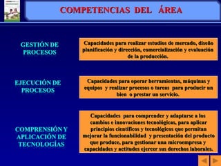 Capacidades para realizar estudios de mercado, diseño planificación y dirección, comercialización y evaluación  de la producción.  Capacidades para operar herramientas, máquinas y equipos  y realizar procesos o tareas  para producir un bien  o prestar un servicio.  Capacidades  para comprender y adaptarse a los  cambios e innovaciones tecnológicas, para aplicar principios científicos y tecnológicos que permitan mejorar la funcionabilidad  y presentación del producto que produce, para gestionar una microempresa y  capacidades y actitudes ejercer sus derechos laborales. COMPETENCIAS  DEL  ÁREA 