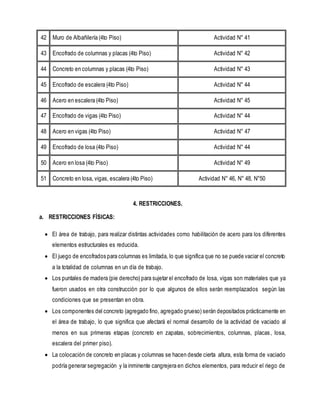 42 Muro de Albañilería (4to Piso) Actividad N° 41
43 Encofrado de columnas y placas (4to Piso) Actividad N° 42
44 Concreto en columnas y placas (4to Piso) Actividad N° 43
45 Encofrado de escalera (4to Piso) Actividad N° 44
46 Acero en escalera (4to Piso) Actividad N° 45
47 Encofrado de vigas (4to Piso) Actividad N° 44
48 Acero en vigas (4to Piso) Actividad N° 47
49 Encofrado de losa (4to Piso) Actividad N° 44
50 Acero en losa (4to Piso) Actividad N° 49
51 Concreto en losa, vigas, escalera (4to Piso) Actividad N° 46, N° 48, N°50
4. RESTRICCIONES.
a. RESTRICCIONES FÍSICAS:
 El área de trabajo, para realizar distintas actividades como habilitación de acero para los diferentes
elementos estructurales es reducida.
 El juego de encofrados para columnas es limitada, lo que significa que no se puede vaciar el concreto
a la totalidad de columnas en un día de trabajo.
 Los puntales de madera (pie derecho) para sujetar el encofrado de losa, vigas son materiales que ya
fueron usados en otra construcción por lo que algunos de ellos serán reemplazados según las
condiciones que se presentan en obra.
 Los componentes del concreto (agregado fino, agregado grueso) serán depositados prácticamente en
el área de trabajo, lo que significa que afectará el normal desarrollo de la actividad de vaciado al
menos en sus primeras etapas (concreto en zapatas, sobrecimientos, columnas, placas, losa,
escalera del primer piso).
 La colocación de concreto en placas y columnas se hacen desde cierta altura, esta forma de vaciado
podría generar segregación y la inminente cangrejera en dichos elementos, para reducir el riego de
 