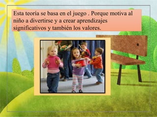 Esta teoría se basa en el juego . Porque motiva al
niño a divertirse y a crear aprendizajes
significativos y también los valores.
 