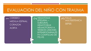EVALUACION DEL NIÑO CON TRAUMA
1
CEREBRO
MEDULA ESPINAL
CORAZON
AORTA
2
HEMATOMA
EPIDURAL –
SUBDURAL
HEMOTORAX
NEUMOTORAX A
TENSION LESIONES
INTRABDOMINALES
FX COMPLEJAS DE
PELVIS
3
FALLA
MULTISISTEMICA
SEPSIS
 