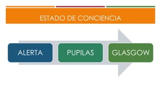 ESTADO DE CONCIENCIA
ALERTA PUPILAS GLASGOW
 