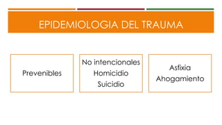 EPIDEMIOLOGIA DEL TRAUMA
Prevenibles
No intencionales
Homicidio
Suicidio
Asfixia
Ahogamiento
 