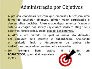 Administração por ObjetivosA pressão econômica fez com que empresas buscassem uma forma de equilibrar objetivos, admitir maior participação e descentralizar decisões. Foi-se criado departamentos ficando a critério a criação dos serviços que necessitassem atingir seus objetivos. Fortalecendo, assim, o papel dos gerentes.A APO é um método no qual as metas são definidas em conjunto pelo gerente e subordinado. Analisandoo resultado final, o desempenho de ambos são avaliados e comparados com resultados esperados.Um exemplo bem prático é o de um FORNECEDOR, que trabalha em cima			de metas.