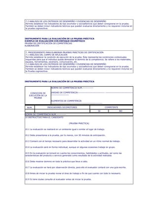 7.2 ANÁLISIS DE LOS CRITERIOS DE DESEMPEÑO Y EVIDENCIAS DE DESEMPEÑO
Permite establecer los indicadores de tipo sicomotor y socioafectivos que deben consignarse en la prueba.
También se deben incluir indicadores teóricos que pueden evaluarse directamente y no requieren incluirse en
la prueba cognoscitiva.
INSTRUMENTO PARA LA EVALUACIÓN DE LA PRUEBA PRÁCTICA
EJEMPLO DE EVALUACIÓN CON ENFOQUE EDUMÉTRICO
PRUEBA DE CERTIFICACIÓN DE COMPETENCIAS
ELABORACIÓN
7. PROCEDIMIENTO PARA ELABORAR PRUEBAS PRÁCTICAS DE CERTIFICACIÓN
7.1 ANÁLISIS DEL CAMPO DE APLICACION
Permite establecer la condición de ejecución de la prueba. Ésta representa las condiciones contextuales
requeridas para que el individuo pueda demostrar el dominio de la competencia. Se refiere a los materiales,
equipos, herramientas, escenario, comunicación, etc.
7.2 ANÁLISIS DE LOS CRITERIOS DE DESEMPEÑO Y EVIDENCIAS DE DESEMPEÑO
Permite establecer los indicadores de tipo sicomotor y socioafectivos que deben consignarse en la prueba.
También se deben incluir indicadores teóricos que pueden evaluarse directamente y no requieren incluirse en
la Prueba cognoscitiva.
INSTRUMENTO PARA LA EVALUACIÓN DE LA PRUEBA PRÁCTICA
CONDICION DE
EJECUCIÓN DE LA
PRUEBA
NORMA DE COMPETENCIA NUM.------------
UNIDAD DE COMPETENCIA------------------------------- -------------------------------
--------------------
ELEMENTOS DE COMPETENCIA
----------------------------------------------------------
NUM. INDICADORES SICOMOTORES COMPETENTE
SI NO
NORMA DE COMPETENCIA NUM.-----------
10 INSTRUCTIVO PARA EL CANDIDATO
(PRUEBA PRÁCTICA)
10.1 La evaluación se realizará en un ambiente igual o similar al lugar de trabajo.
10.2 Debe presentarse a la prueba, por lo menos, con 30 minutos de anticipación.
10.3 Contará con el tiempo necesario para desarrollar la actividad en un ritmo normal de trabajo.
10.4 La evaluación será en forma individual, aunque en algunas ocasiones trabaje en grupo.
10.5 En la evaluación se tomará en cuenta los conocimientos, habilidades y actitudes, así como las
características del producto o servicio generado como resultado de la actividad realizada.
10.6 Debe mostrar dominio en toda la práctica que lleva a cabo.
10.7 La evaluación se hará por observación directa, para ello el evaluador contará con una guía escrita.
10.8 Antes de iniciar la prueba revise el área de trabajo a fin de que cuente con todo lo necesario.
10.9 Si tiene dudas consulte al evaluador antes de iniciar la prueba.
 
