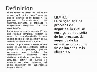 El modelado de procesos, así como
su nombre lo indica, tiene 2 aspectos
que lo definen: el modelado y los           EJEMPLO:
procesos.      Frecuentemente,
sistemas, conjuntos de procesos y
                                   los
                                            La reingeniería de
subprocesos integrados en una                procesos de
organización.
                                             negocios, la cual se
Un modelo es una representación de
una realidad compleja. Modelar es            encarga del rediseño
desarrollar una descripción lo más           de los procesos de
exacta posible de un sistema y de las
actividades llevadas a cabo en él.           negocios de las
Cuando un proceso es modelado, con           organizaciones con el
ayuda de una representación gráfica
(diagrama de proceso), pueden
                                             fin de hacerlos más
apreciarse     con     facilidad   las       eficientes.
interrelaciones    existentes    entre
distintas actividades, analizar cada
actividad, definir los puntos de
contacto con otros procesos, así
como identificar los subprocesos
comprendidos.
 