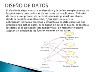 El diseño de datos consiste en descubrir y la definir completamente de
los procesos y características de los datos de la aplicación. El diseño
de datos es un proceso de perfeccionamiento gradual que abarca
desde la cuestión más elemental, "¿Qué datos requiere la
aplicación?", hasta los procesos y estructuras de datos precisos que
proporcionan dichos datos. Si el diseño de datos es bueno, el acceso a
los datos de la aplicación será rápido y fácil de mantener, y podrá
aceptar sin problemas las futuras mejoras de los datos.
 
