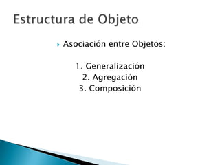   Asociación entre Objetos:

      1. Generalización
        2. Agregación
       3. Composición
 