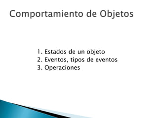 1. Estados de un objeto
2. Eventos, tipos de eventos
3. Operaciones
 