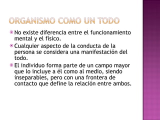 No existe diferencia entre el funcionamiento mental y el físico. Cualquier aspecto de la conducta de la persona se considera una manifestación del todo. El individuo forma parte de un campo mayor que lo incluye a él como al medio, siendo inseparables, pero con una frontera de contacto que define la relación entre ambos. 