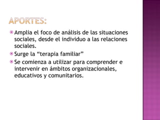 Amplia el foco de análisis de las situaciones sociales, desde el individuo a las relaciones sociales. Surge la “terapia familiar” Se comienza a utilizar para comprender e intervenir en ámbitos organizacionales, educativos y comunitarios. 