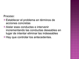 Proceso: Establecer el problema en términos de acciones concretas Aislar esas conductas e intervenir incrementando las conductas deseables en lugar de intentar eliminar las indeseables Hay que controlar los antecedentes. 