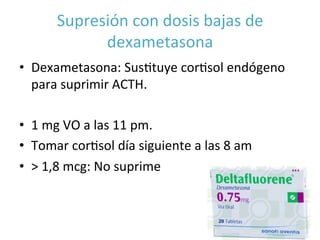 Supresión	
  con	
  dosis	
  bajas	
  de	
  
dexametasona	
  
•  Dexametasona:	
  SusItuye	
  corIsol	
  endógeno	
  
para	
  suprimir	
  ACTH.	
  	
  
•  1	
  mg	
  VO	
  a	
  las	
  11	
  pm.	
  	
  
•  Tomar	
  corIsol	
  día	
  siguiente	
  a	
  las	
  8	
  am	
  	
  
•  >	
  1,8	
  mcg:	
  No	
  suprime	
  
 