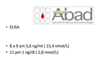 •  ELISA	
  	
  
•  8	
  a	
  9	
  am	
  5,6	
  ng/ml	
  (	
  15,4	
  nmol/L)	
  	
  
•  11	
  pm	
  1	
  ng/dl	
  (	
  2,8	
  nmol/L)	
  
 