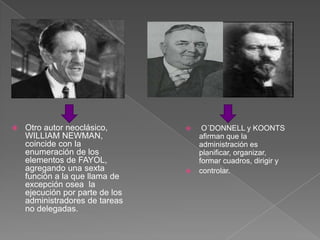    Otro autor neoclásico,           O´DONNELL y KOONTS
    WILLIAM NEWMAN,                  afirman que la
    coincide con la                  administración es
    enumeración de los               planificar, organizar,
    elementos de FAYOL,              formar cuadros, dirigir y
    agregando una sexta             controlar.
    función a la que llama de
    excepción osea la
    ejecución por parte de los
    administradores de tareas
    no delegadas.
 