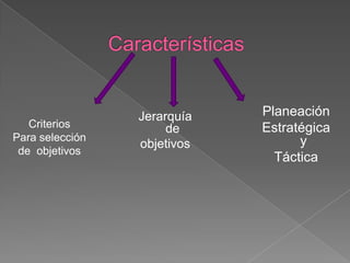 Jerarquía   Planeación
   Criterios          de     Estratégica
Para selección                     y
                 objetivos
 de objetivos
                               Táctica
 