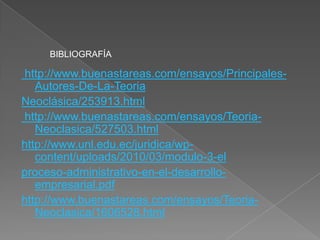 BIBLIOGRAFÍA

http://www.buenastareas.com/ensayos/Principales-
   Autores-De-La-Teoria
Neoclásica/253913.html
http://www.buenastareas.com/ensayos/Teoria-
   Neoclasica/527503.html
http://www.unl.edu.ec/juridica/wp-
   content/uploads/2010/03/modulo-3-el
proceso-administrativo-en-el-desarrollo-
   empresarial.pdf
http://www.buenastareas.com/ensayos/Teoria-
   Neoclasica/1606528.html
 