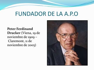 FUNDADOR DE LA A.P.O

Peter Ferdinand
Drucker (Viena, 19 de
noviembre de 1909 –
Claremont, 11 de
noviembre de 2005)
 