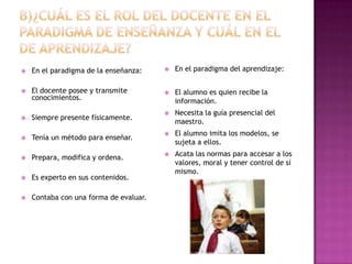 

En el paradigma de la enseñanza:



En el paradigma del aprendizaje:



El docente posee y transmite
conocimientos.



El alumno es quien recibe la
información.



Siempre presente físicamente.



Necesita la guía presencial del
maestro.



Tenía un método para enseñar.



El alumno imita los modelos, se
sujeta a ellos.



Prepara, modifica y ordena.





Es experto en sus contenidos.

Acata las normas para accesar a los
valores, moral y tener control de sí
mismo.



Contaba con una forma de evaluar.

 
