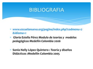 BIBLIOGRAFIA


www.escuelanueva.org/pagina/index.php?codmenu=2
&idioma=1
Gloria Estella Pérez Modulo de teorías y modelos
pedagógicos Medellín Colombia 2006

Sonia Nelly López Quintero : Teoría y diseños
Didácticos :Medellín Colombia 2005
 