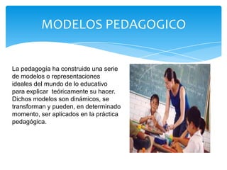 MODELOS PEDAGOGICO


La pedagogía ha construido una serie
de modelos o representaciones
ideales del mundo de lo educativo
para explicar teóricamente su hacer.
Dichos modelos son dinámicos, se
transforman y pueden, en determinado
momento, ser aplicados en la práctica
pedagógica.
 