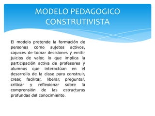 MODELO PEDAGOGICO
              CONSTRUTIVISTA

El modelo pretende la formación de
personas como         sujetos activos,
...